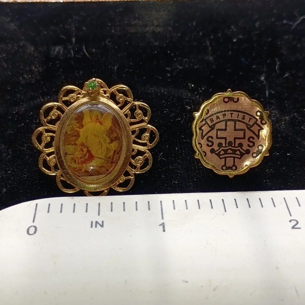 Gold Tone Angel Pendant with Green Gem, And Vintage Baptist Sunday School Pin.